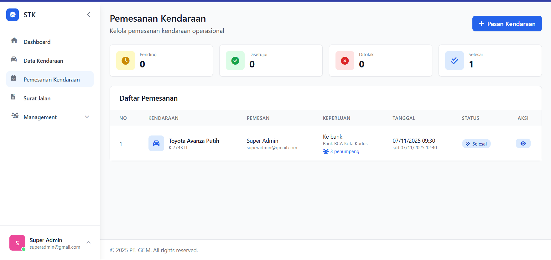 Sistem Pemesanan Kendaraan Departemen Transport